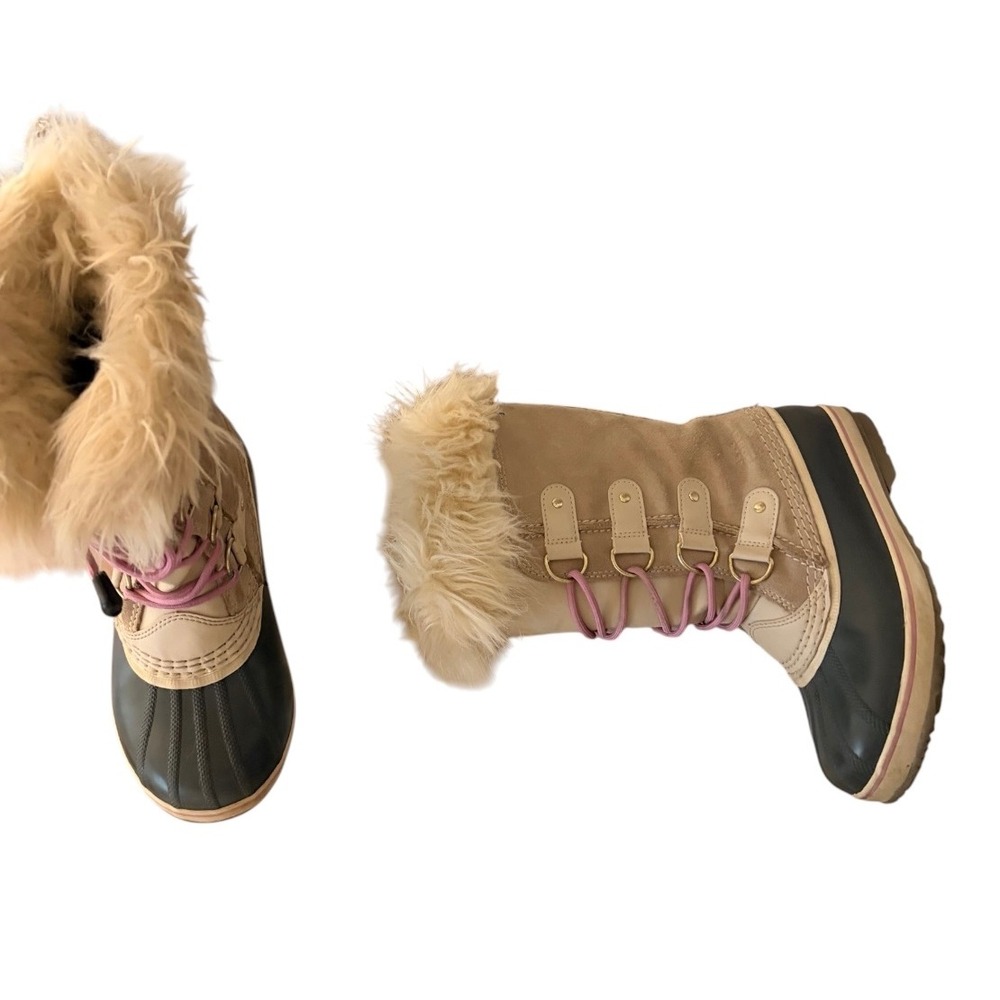 Sorel Joan of Arctic Kids Girls Size 3 Winter Snow Boots Tan Pink & Grey